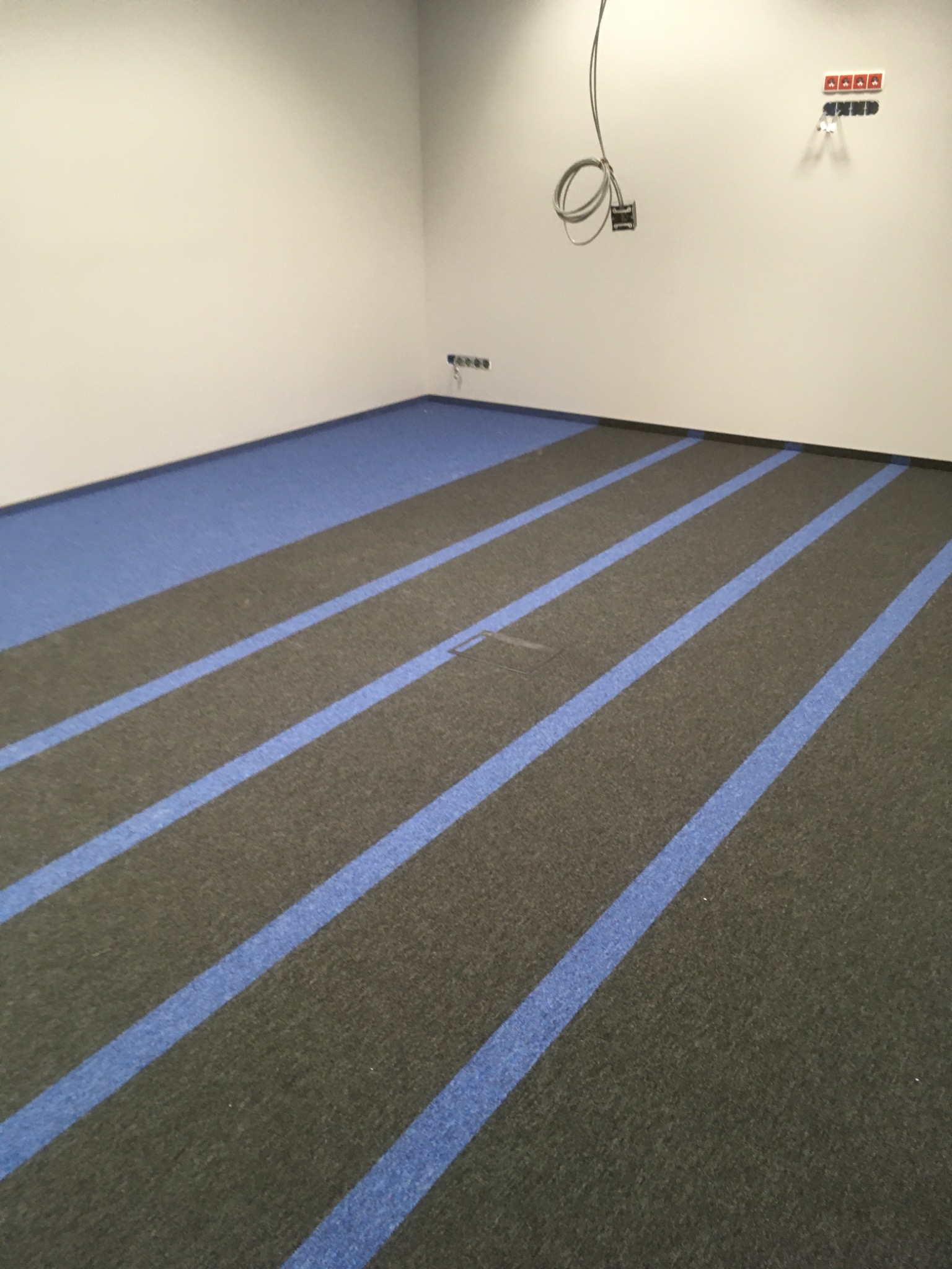 Szara wykładzina dywanowa w paski z niebieskimi akcentami w nowym, pustym pomieszczeniu z białymi ścianami i widocznymi gniazdkami.