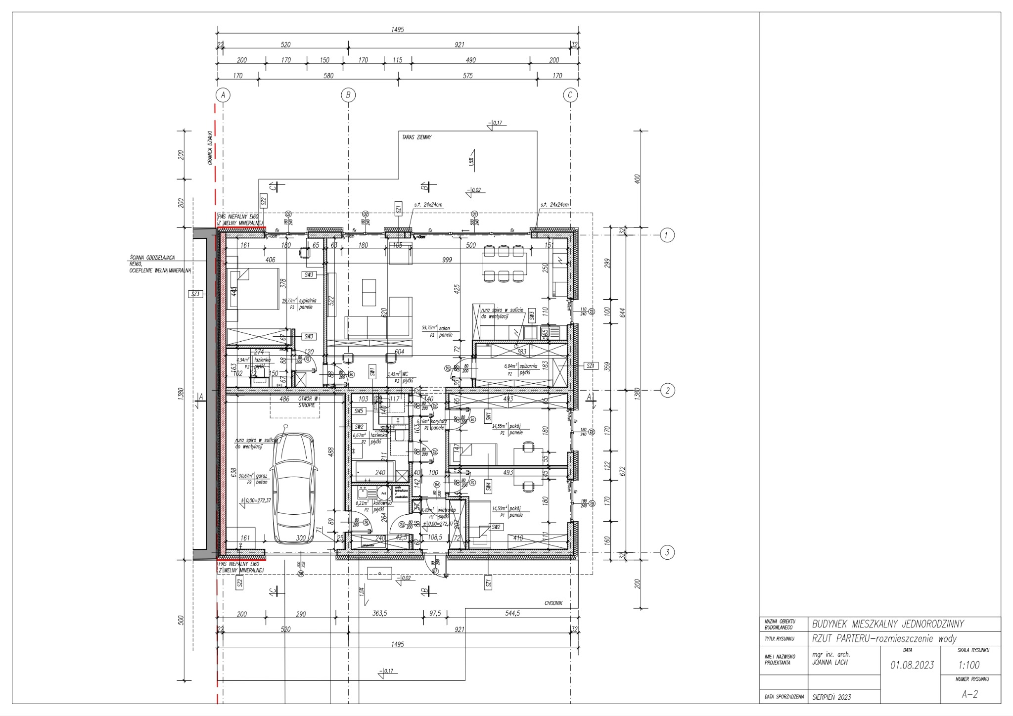 Rzut parteru domu jednorodzinnego z rozmieszczeniem pomieszczeń, wymiarami i oznaczeniami materiałów wykończeniowych.
