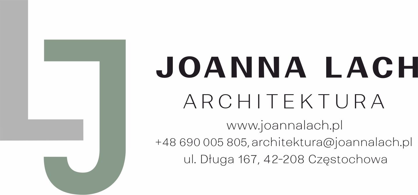 Logo firmy architektonicznej Joanna Lach z Częstochowy, zawierające inicjały 'LJ', nazwę firmy, specjalizację, adres strony internetowej, numer telefonu i adres e-mail.