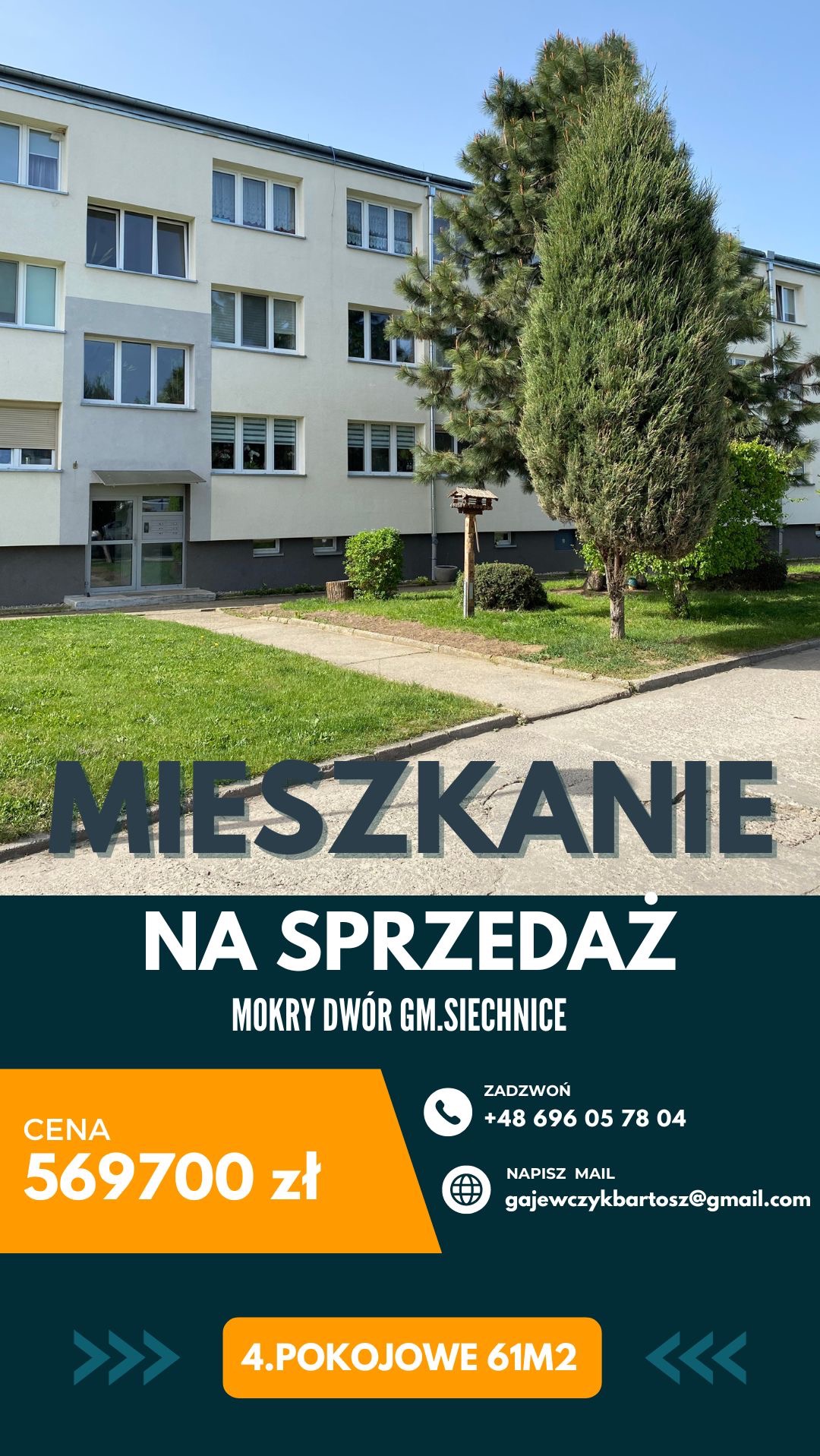 Blok mieszkalny z zielonym trawnikiem i drzewami, ogłoszenie o sprzedaży mieszkania, cena 569700 zł, 4 pokoje, 61m2, Mokry Dwór gm. Siechnice, kontakt telefoniczny i mailowy.
