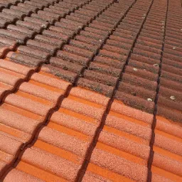 Częściowo wyczyszczony dach z czerwonej dachówki ceramicznej, widoczna różnica między brudną a umytą powierzchnią.