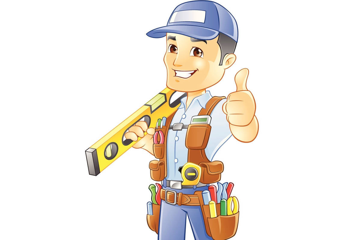 Karykatura uśmiechniętego majstra w niebieskiej czapce, trzymającego poziomicę i pokazującego kciuk w górę. Widoczny pas z narzędziami.
