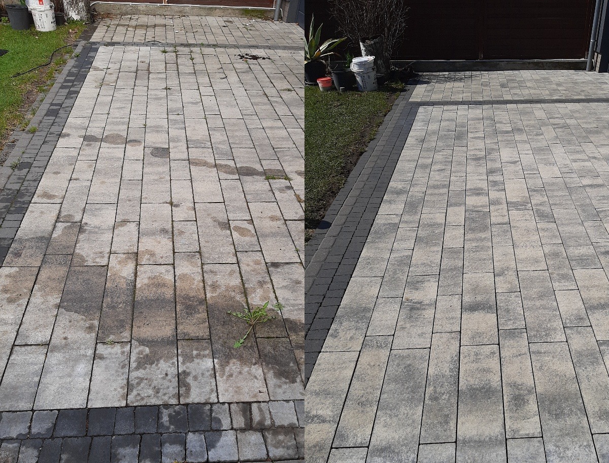 Porównanie stanu kostki brukowej przed i po czyszczeniu. Lewa strona z widocznymi zabrudzeniami i chwastami, prawa strona czysta, ukazująca naturalny odcień szarości.