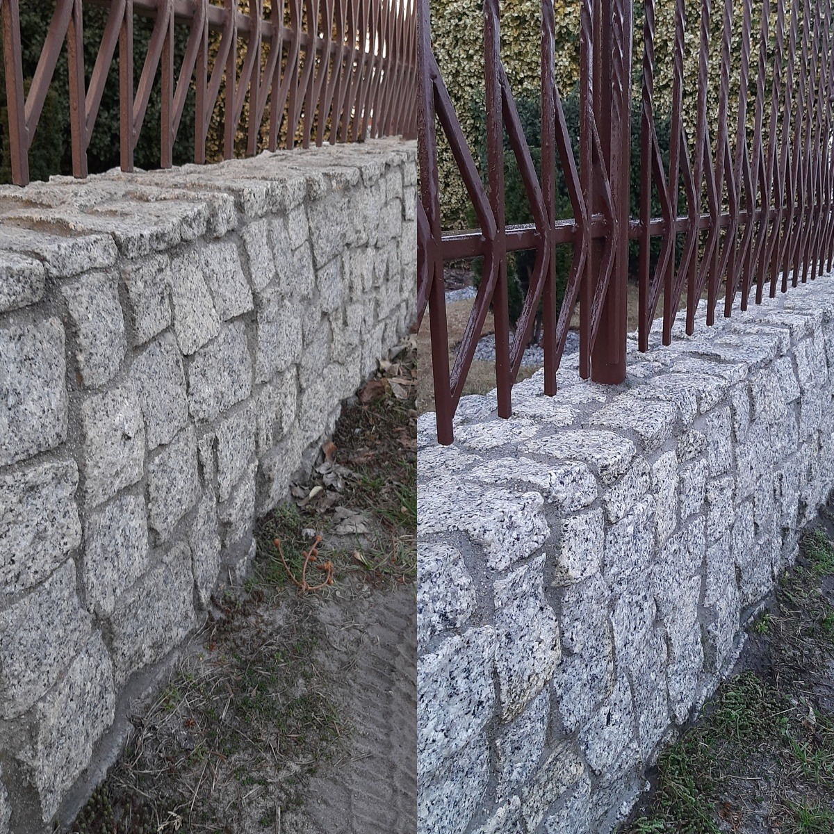 Kamienny murek z kostki granitowej, zwieńczony brązowym, metalowym ogrodzeniem o dekoracyjnym wzorze, widoczny efekt mycia ciśnieniowego - lewa strona brudna, prawa czysta.