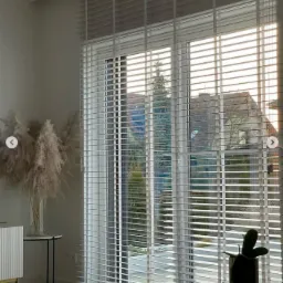 Nowoczesne, białe żaluzje poziome na dużym oknie tarasowym, z widokiem na ogród i dom. Dekoracja wnętrza w stylu skandynawskim, z pampasami i kaktusem.