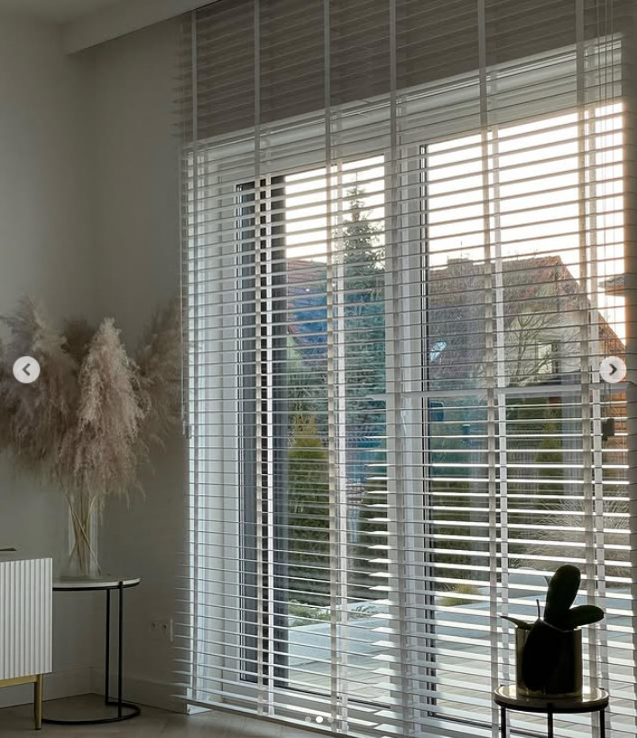 Nowoczesne, białe żaluzje poziome na dużym oknie tarasowym, z widokiem na ogród i dom. Dekoracja wnętrza w stylu skandynawskim, z pampasami i kaktusem.