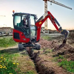 Czerwono-czarna mini koparka z operatorem w kasku, wykonująca wykop rowu w ziemi, na tle budowy i żurawia.