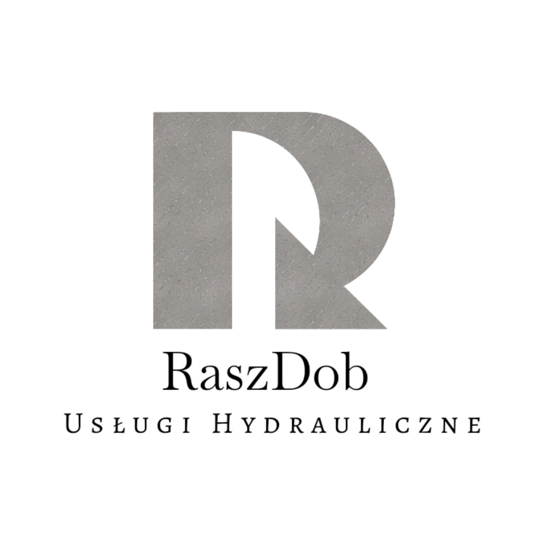 Szare logo firmy RaszDob z dużą literą R i napisem 'Usługi Hydrauliczne' pod spodem, na białym tle.