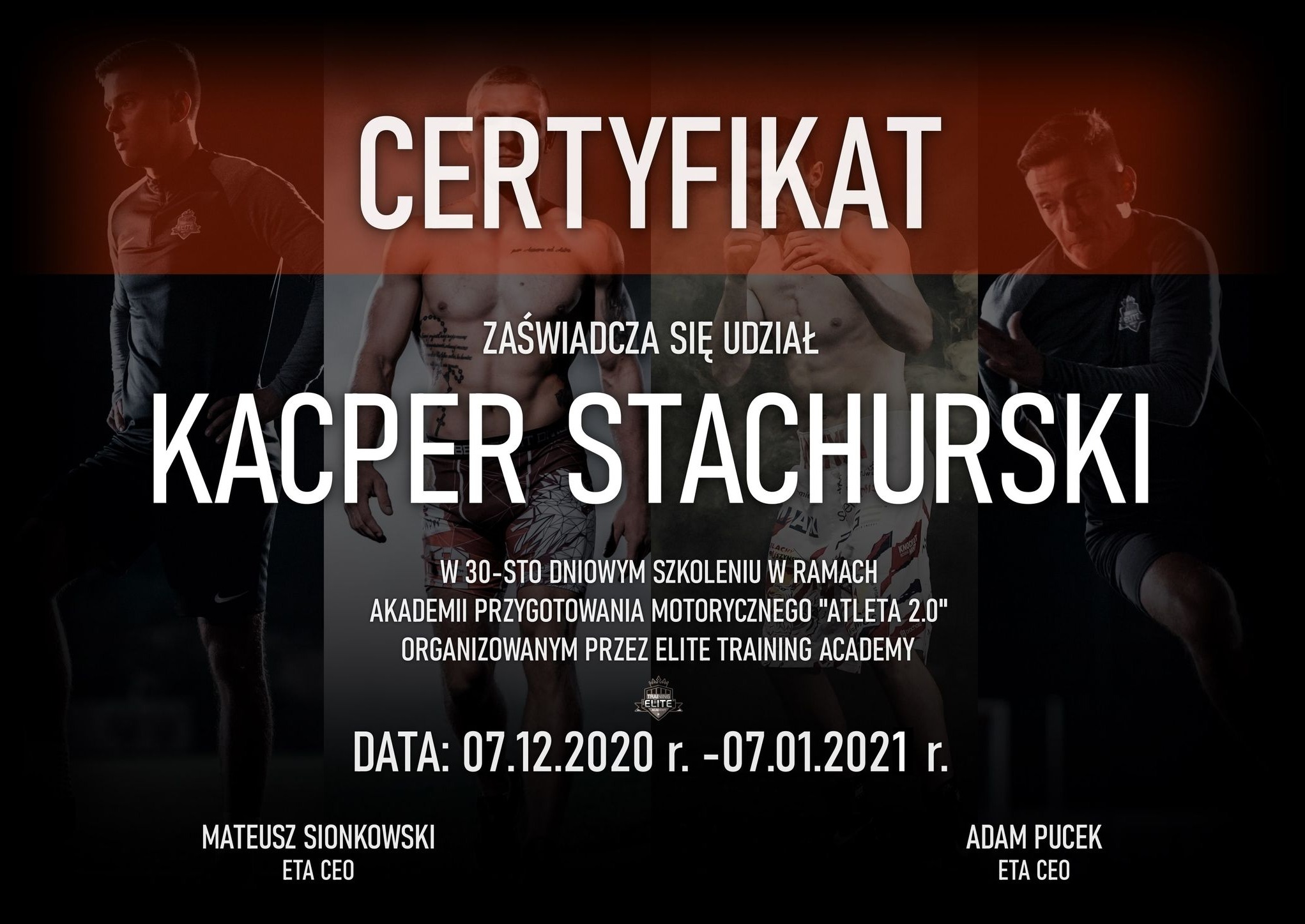 Certyfikat ukończenia 30-dniowego szkolenia Akademii Przygotowania Motorycznego 'Atleta 2.0' przez Kacpra Stachurskiego, organizowanego przez Elite Training Academy.