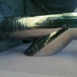 Błyszczący, metalowy przewód wentylacyjny z kolankiem, zamontowany na zewnątrz budynku, z widocznym fragmentem ściany i sufitu.