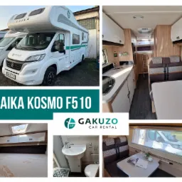 Kompozycja zdjęć: Zewnętrzny widok białego kampera Laika Kosmo F510 z logo Gakuzo Car Rental, wnętrze z kuchnią, łazienką i sypialnią, ukazujące wyposażenie i przestrzeń.