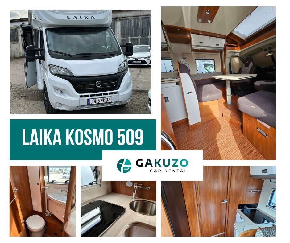 Kolaż zdjęć prezentujący kampera Laika Kosmo 509: widok z zewnątrz z otwartymi drzwiami, wnętrze z drewnianymi wykończeniami, kuchnia i łazienka. Na kolażu logo Gakuzo Car Rental.