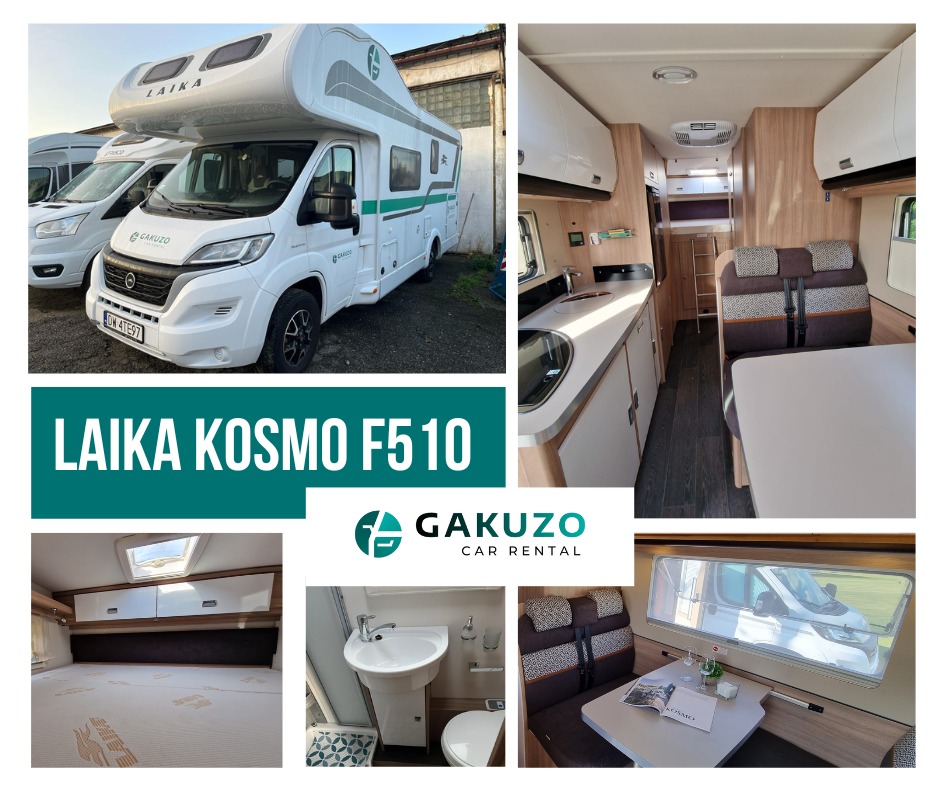 Kompozycja zdjęć: Zewnętrzny widok białego kampera Laika Kosmo F510 z logo Gakuzo Car Rental, wnętrze z kuchnią, łazienką i sypialnią, ukazujące wyposażenie i przestrzeń.