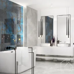 Nowoczesna łazienka z wanną wolnostojącą, umywalkami nablatowymi i niebieską ścianą z efektem rdzy, minimalistyczne oświetlenie.