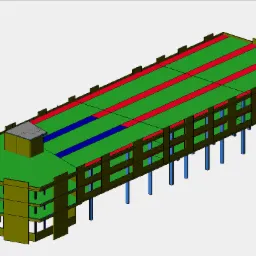 Wizualizacja 3D budynku użyteczności publicznej z garażem wielopoziomowym i dachem zielonym, prezentująca obliczenia statyczne fundamentu, z zaznaczonymi grubościami elementów konstrukcyjnych...