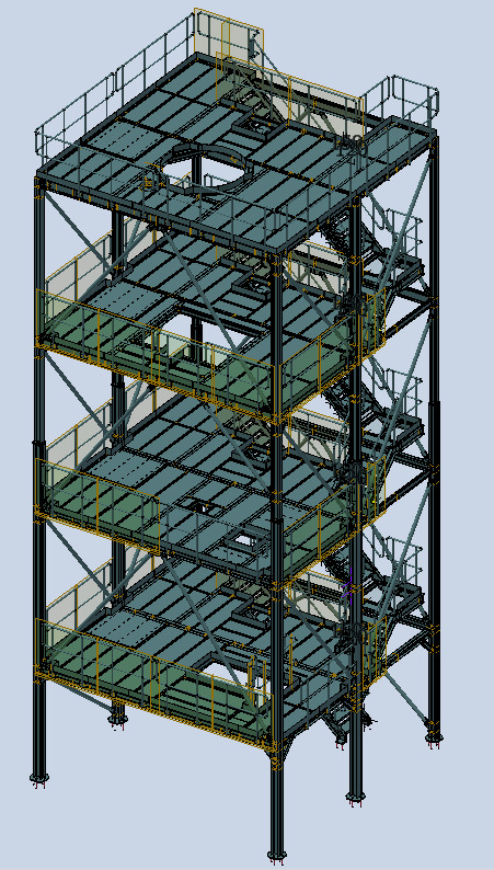 Wieża wsporcza pod urządzenia linii technologicznej – obliczenia statyczne, dokumentacja wykonawcza i warsztatowa