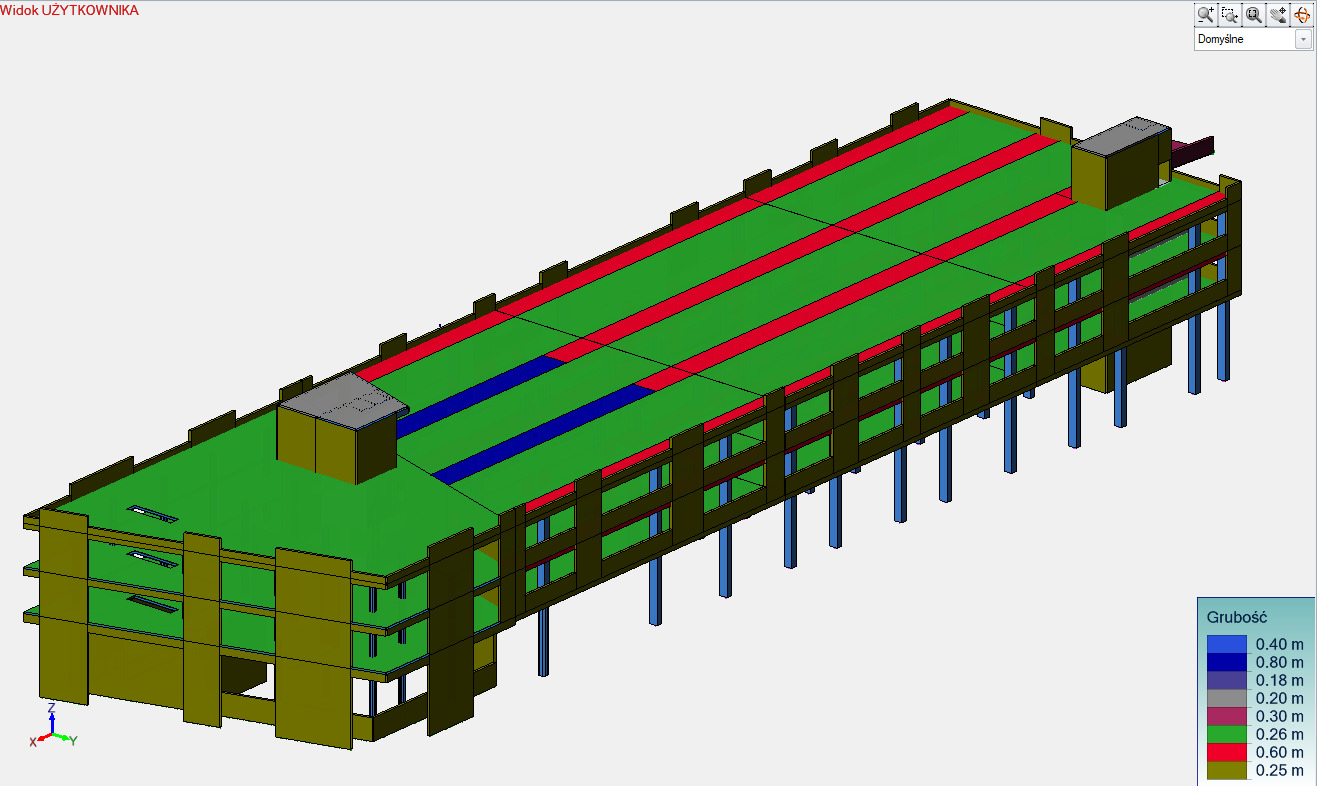 Wizualizacja 3D budynku użyteczności publicznej z garażem wielopoziomowym i dachem zielonym, prezentująca obliczenia statyczne fundamentu, z zaznaczonymi grubościami elementów konstrukcyjnych...