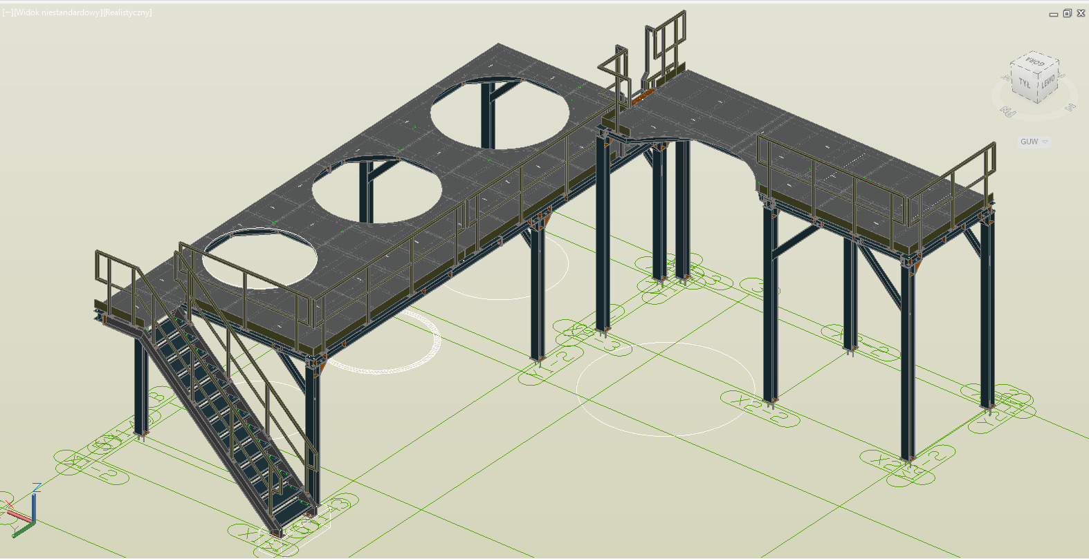 Model 3D podestów technologicznych z metalową konstrukcją, schodami i okrągłymi otworami w platformie, widok z góry w programie do projektowania.