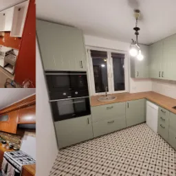 Kolaż przedstawiający metamorfozę kuchni: od czerwonych ścian i starych mebli przez etap demontażu i przygotowania, do finalnego efektu z zielonymi szafkami, drewnianym blatem i wzorzystą podłogą.