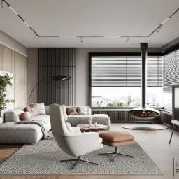 Nowoczesny salon z wiszącym kominkiem, szarą sofą, fotelem z podnóżkiem i drewnianymi panelami ściennymi.