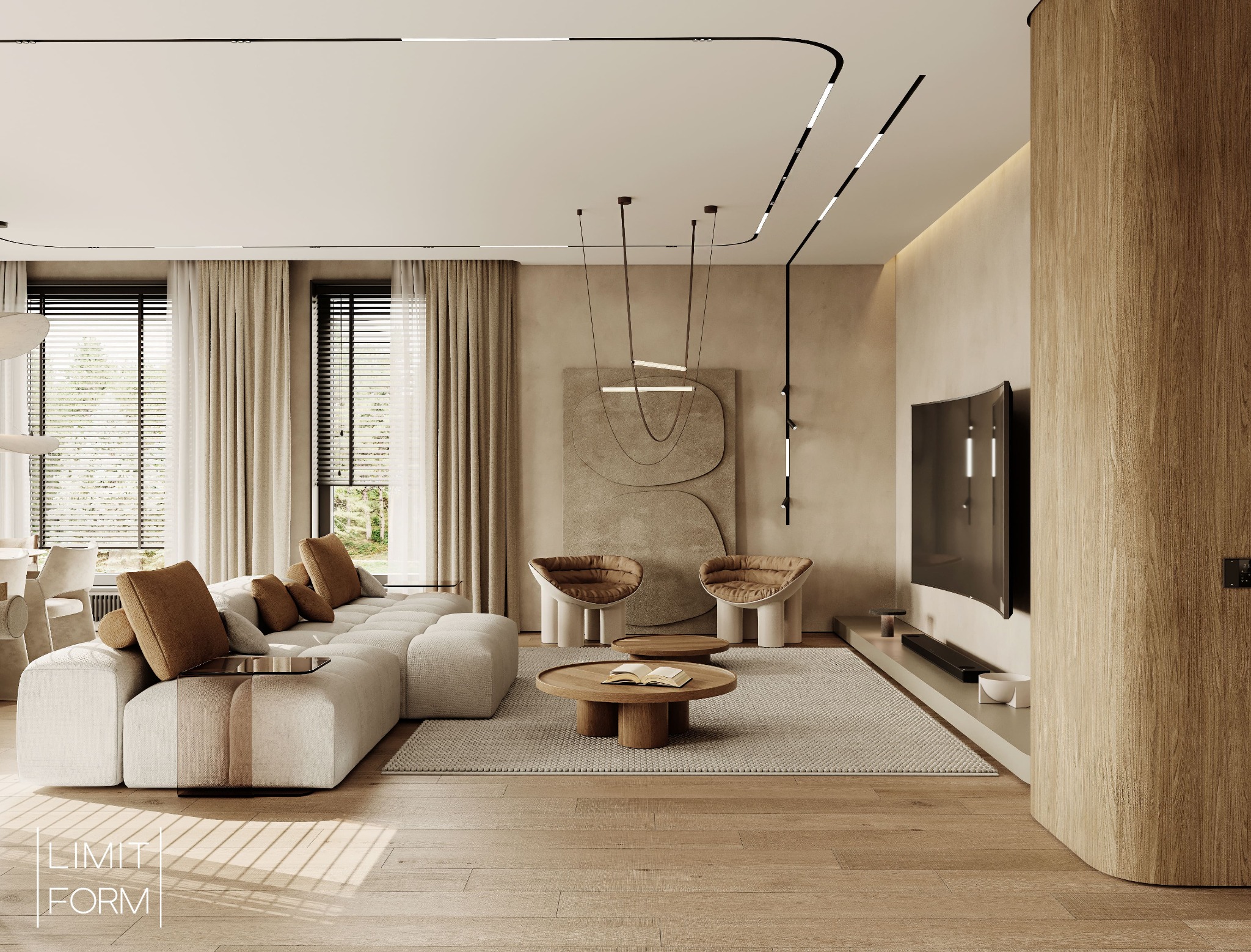 Beżowy salon z modułową sofą, drewnianymi stolikami kawowymi i designerskimi fotelami na tle abstrakcyjnej dekoracji ściennej.