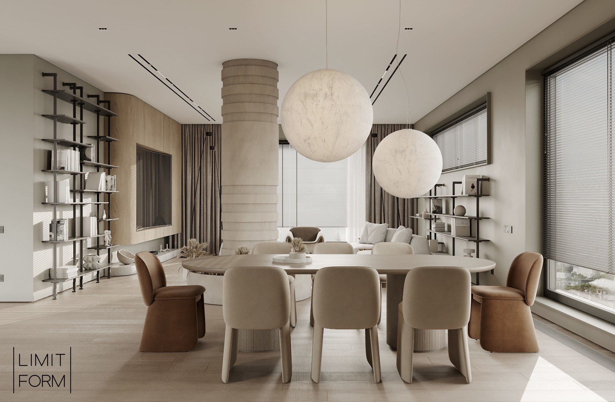 Elegancka jadalnia w odcieniach beżu z owalnym stołem, krzesłami tapicerowanymi welurem, kolumną dekoracyjną i wiszącymi lampami kulami oraz regałem na książki