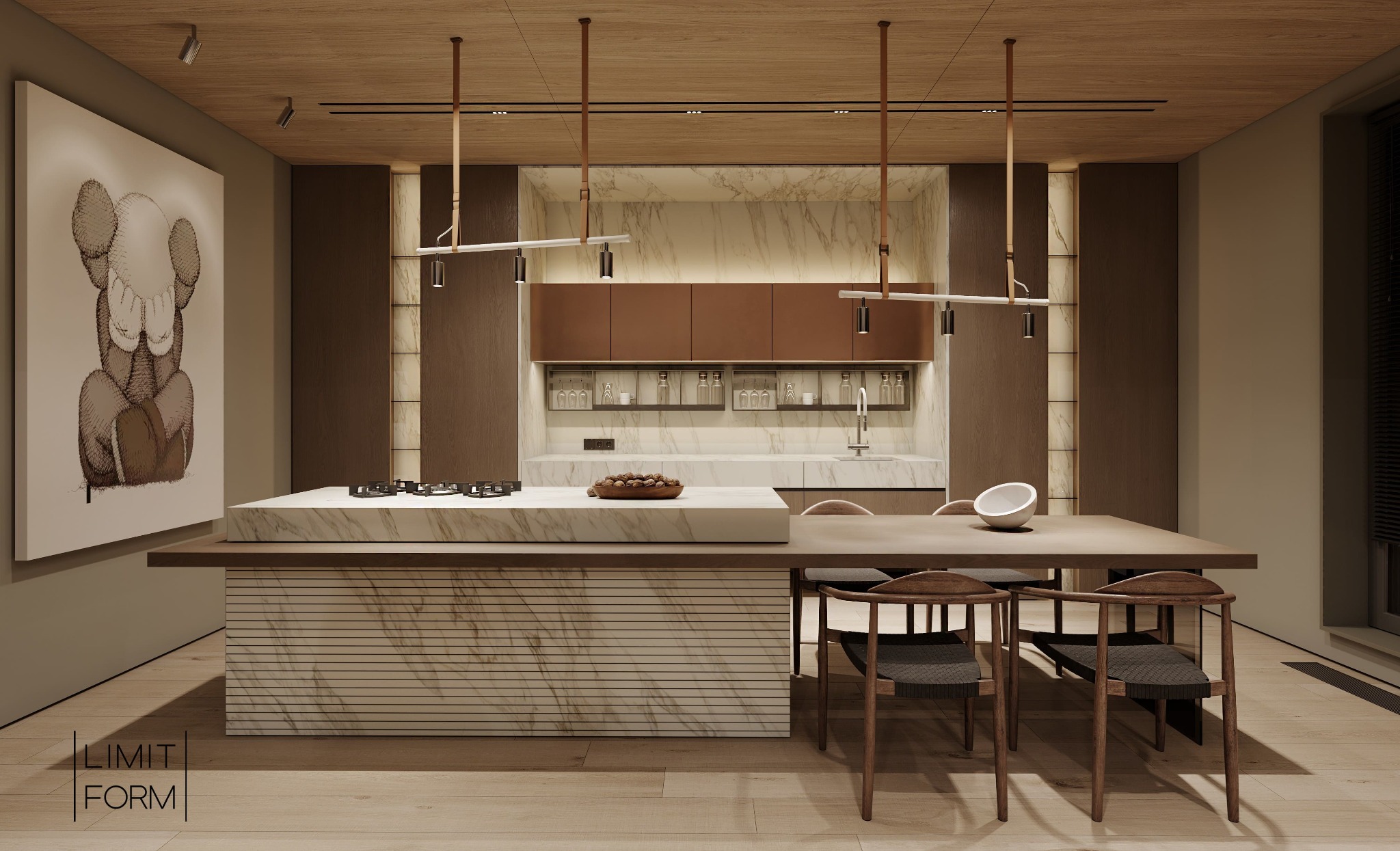 Nowoczesna kuchnia z marmurową wyspą, drewnianymi szafkami i designerskim oświetleniem, uzupełniona abstrakcyjnym obrazem na ścianie.