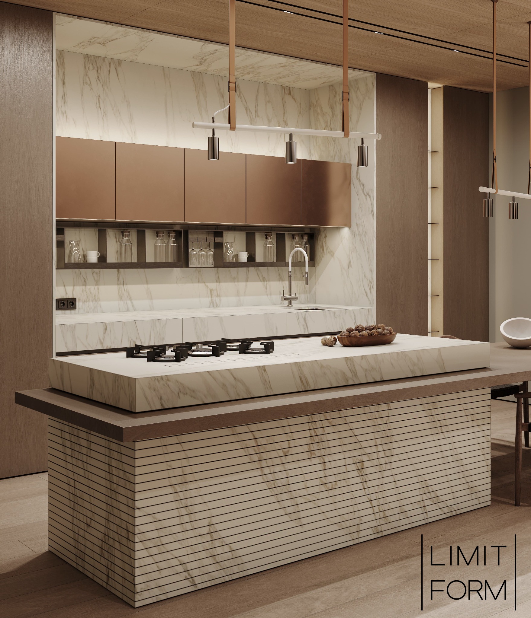 Nowoczesna kuchnia z marmurową wyspą, wbudowaną płytą grzewczą i minimalistycznym oświetleniem, uzupełniona drewnianymi akcentami i dekoracyjnym naczyniem z orzechami.