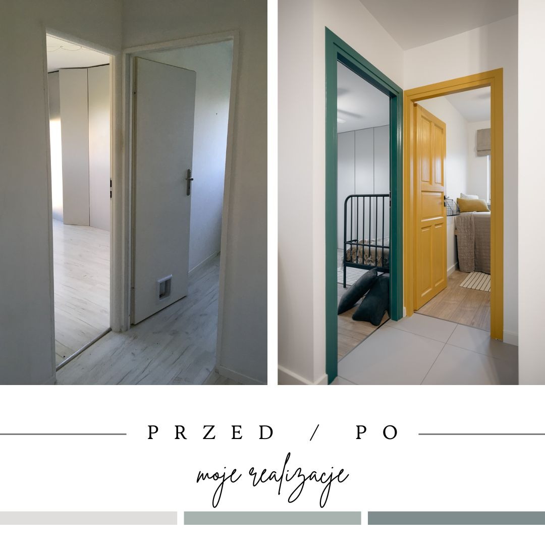 Porównanie stanu przed i po remontu: korytarz z białymi ścianami i drzwiami przed remontem, a po remoncie z pomalowanymi ościeżnicami na zielono i żółto, widok na pokój dziecięcy i sypialnię.