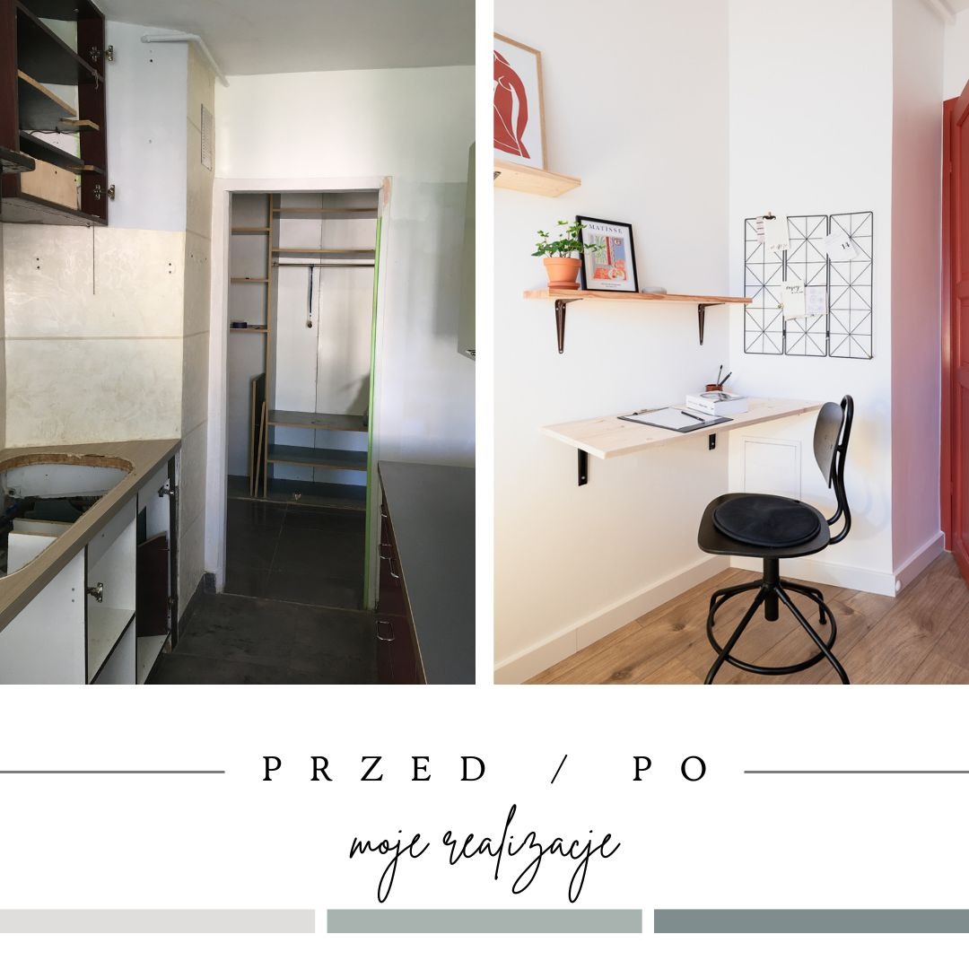 Porównanie przed i po: Narożnik pokoju z biurkiem składanym do ściany, półkami z dekoracjami i tablicą inspiracji, kontrastujący z surowym stanem początkowym kuchni i garderoby.
