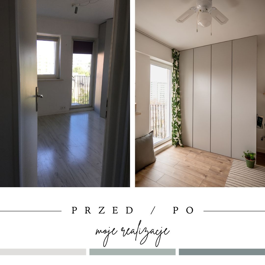 Porównanie pokoju przed i po: od pustego, jasnego pomieszczenia z balkonem do urządzonego pokoju z dużą szafą, zasłoną w liście, poduszką i rośliną doniczkową.
