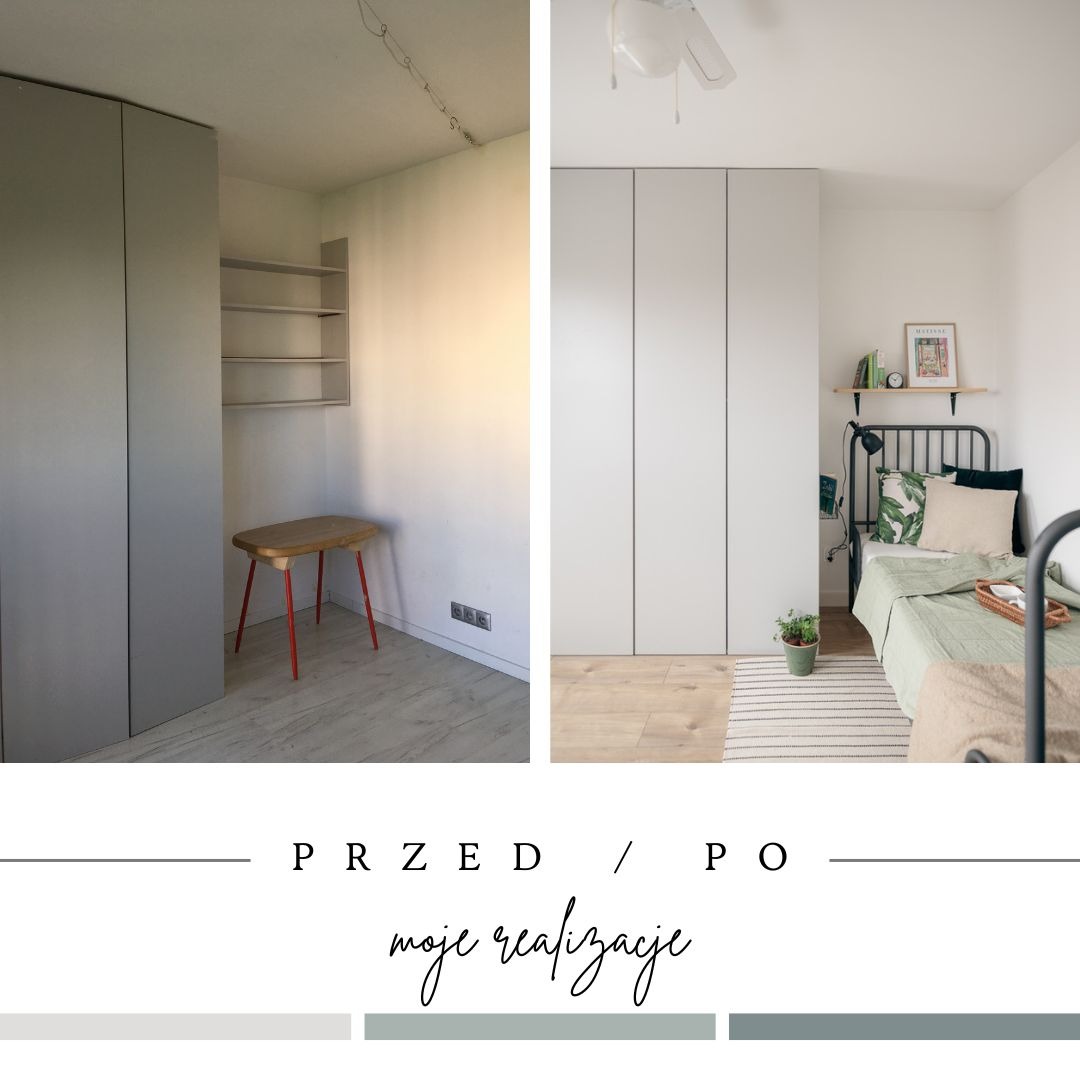 Porównanie pokoju przed i po: po lewej surowy pokój z szarymi szafami, drewnianym stolikiem na czerwonych nogach i półkami, po prawej odnowiony pokój z białymi szafami, łóżkiem z czarną ramą, półką...