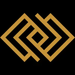 Abstrakcyjne logo w kolorze złota na czarnym tle, przypominające labirynt lub strzałki skierowane do wewnątrz.