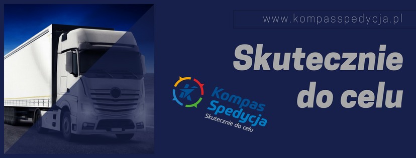 Grafika reklamowa firmy spedycyjnej: Biała ciężarówka z naczepą na tle niebieskiego gradientu, logo firmy 'Kompas Spedycja' i hasło 'Skutecznie do celu'.