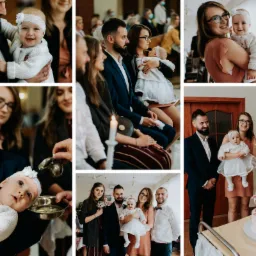 Montaż zdjęć z uroczystości chrztu: rodzice z dzieckiem podczas ceremonii, zbliżenie na chrzest, rodzina pozująca z dzieckiem, tort z fontannami.