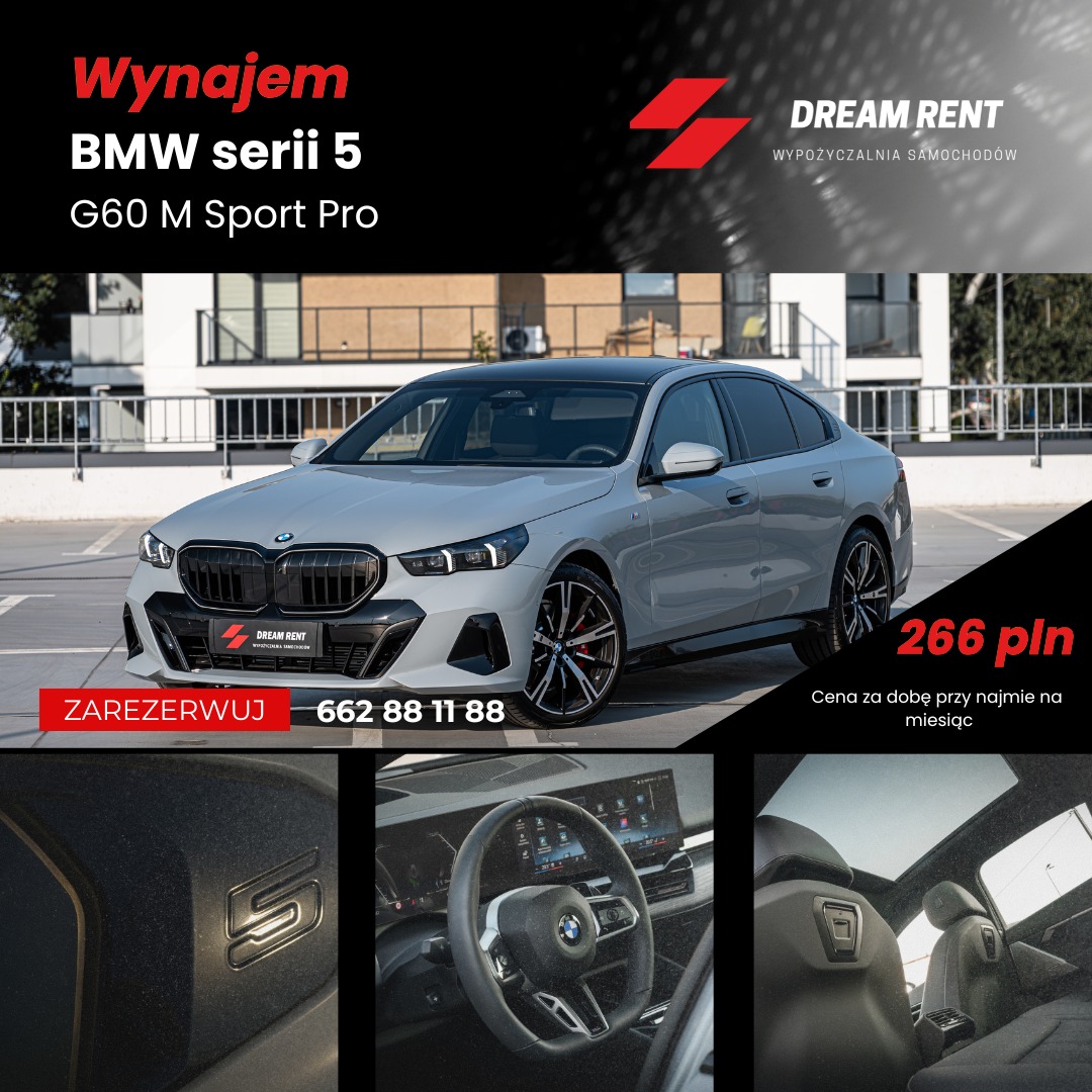 Szary BMW serii 5 G60 M Sport Pro na parkingu, z widocznymi detalami wnętrza: kierownica, deska rozdzielcza i tylne siedzenia z logo serii 5. Oferta wynajmu z ceną promocyjną.