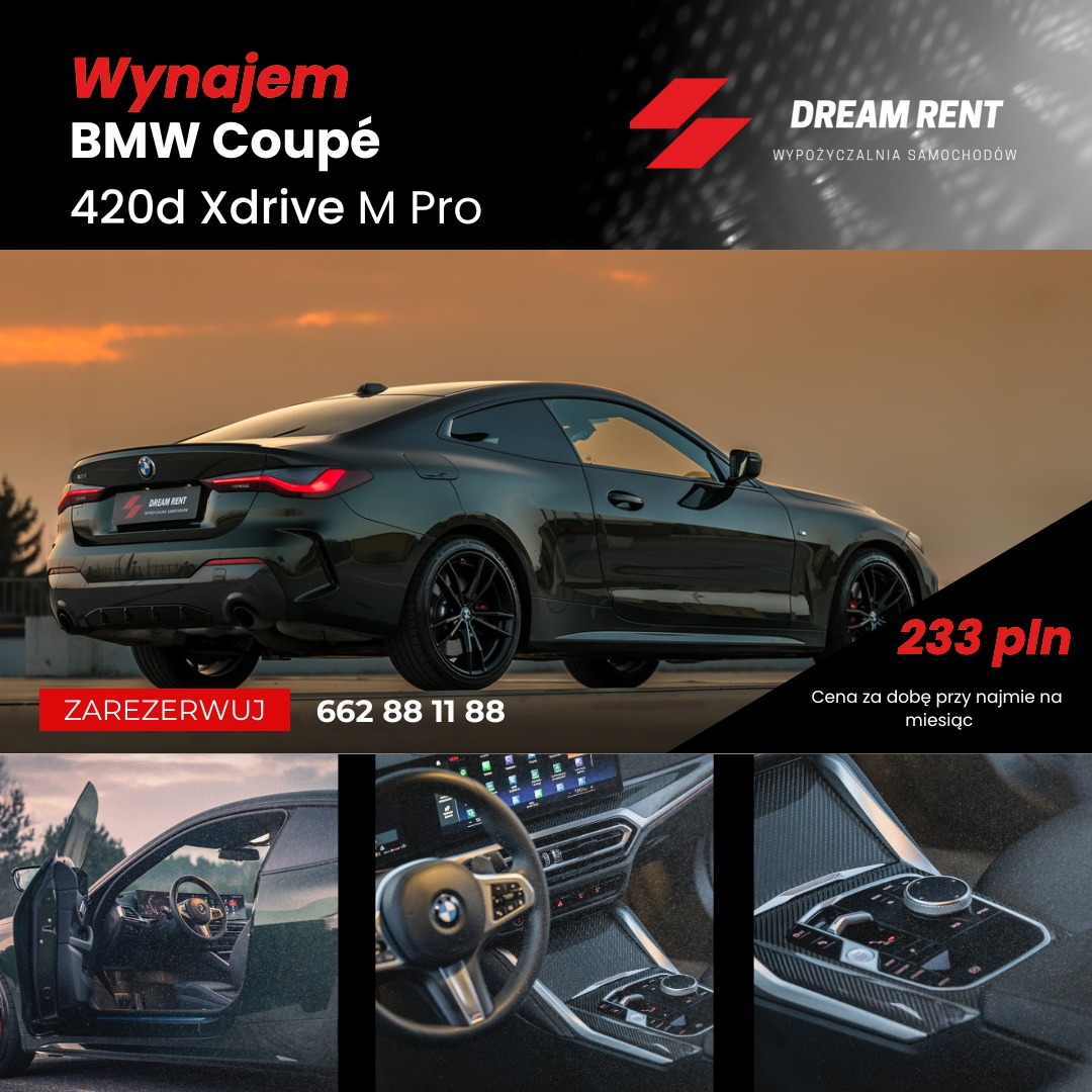Czarny BMW Coupé 420d Xdrive M Pro na wynajem, widok z tyłu z logo Dream Rent, detale wnętrza: otwarte drzwi, kierownica i panel sterowania, oferta cenowa 233 PLN za dobę.