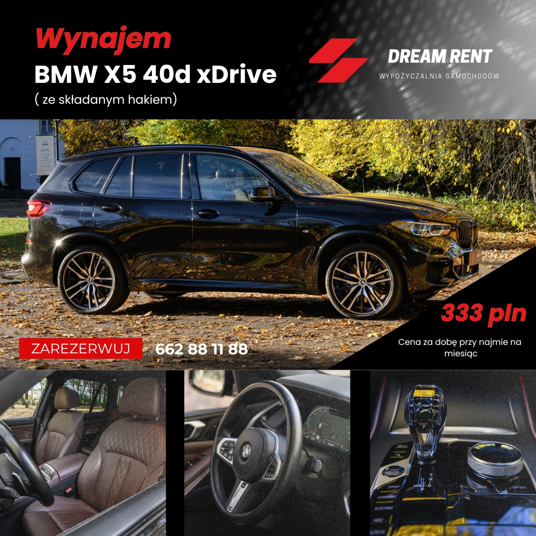 Czarny BMW X5 40d xDrive z hakiem holowniczym na tle jesiennego krajobrazu, widoczne detale wnętrza: skórzana tapicerka i panel sterowania.