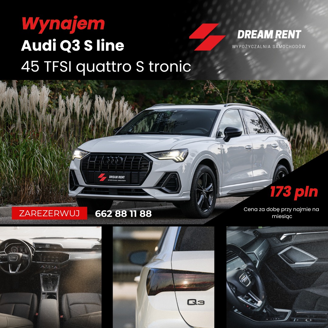 Białe Audi Q3 S line 45 TFSI quattro S tronic na tle zieleni, z detalami wnętrza i tylnej lampy, oferta wynajmu z ceną 173 zł za dobę.