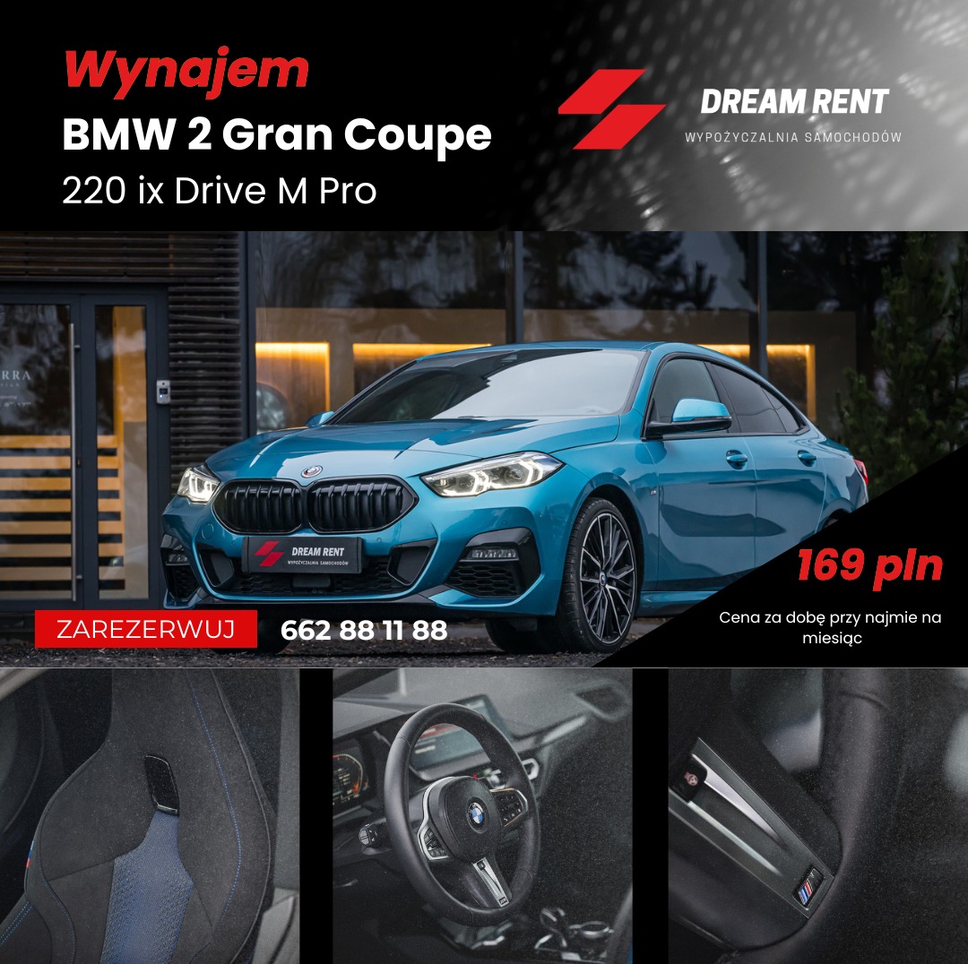 Turkusowe BMW 2 Gran Coupe 220 ix Drive M Pro na tle nowoczesnego budynku, z detalami wnętrza: kierownica, fotel z niebieskimi przeszyciami i podświetlana listwa progowa z logo M.