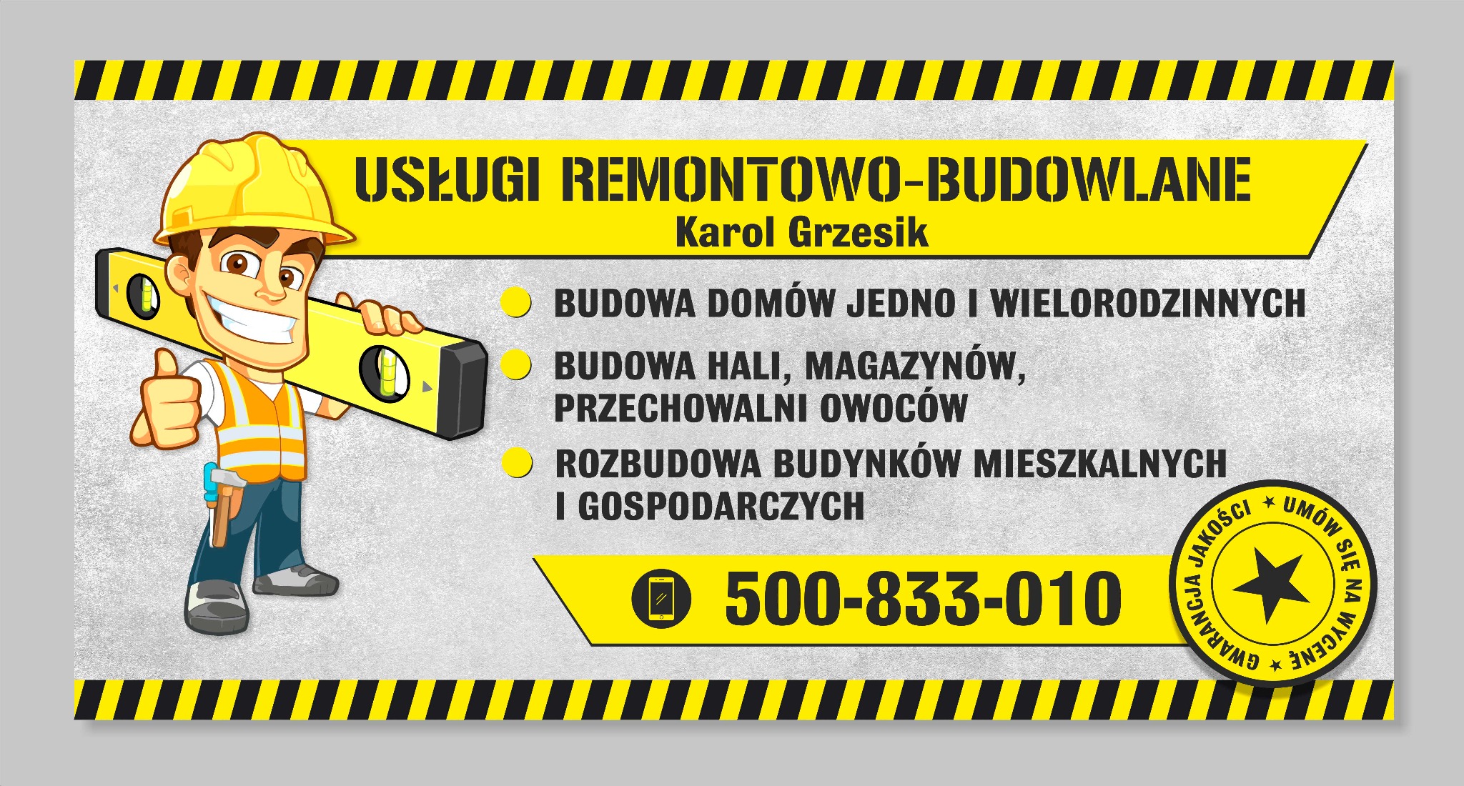 Grafika reklamowa firmy budowlanej z Białobrzegów, przedstawiająca uśmiechniętego budowlańca z poziomicą, oferującej budowę domów, hal i rozbudowę budynków.