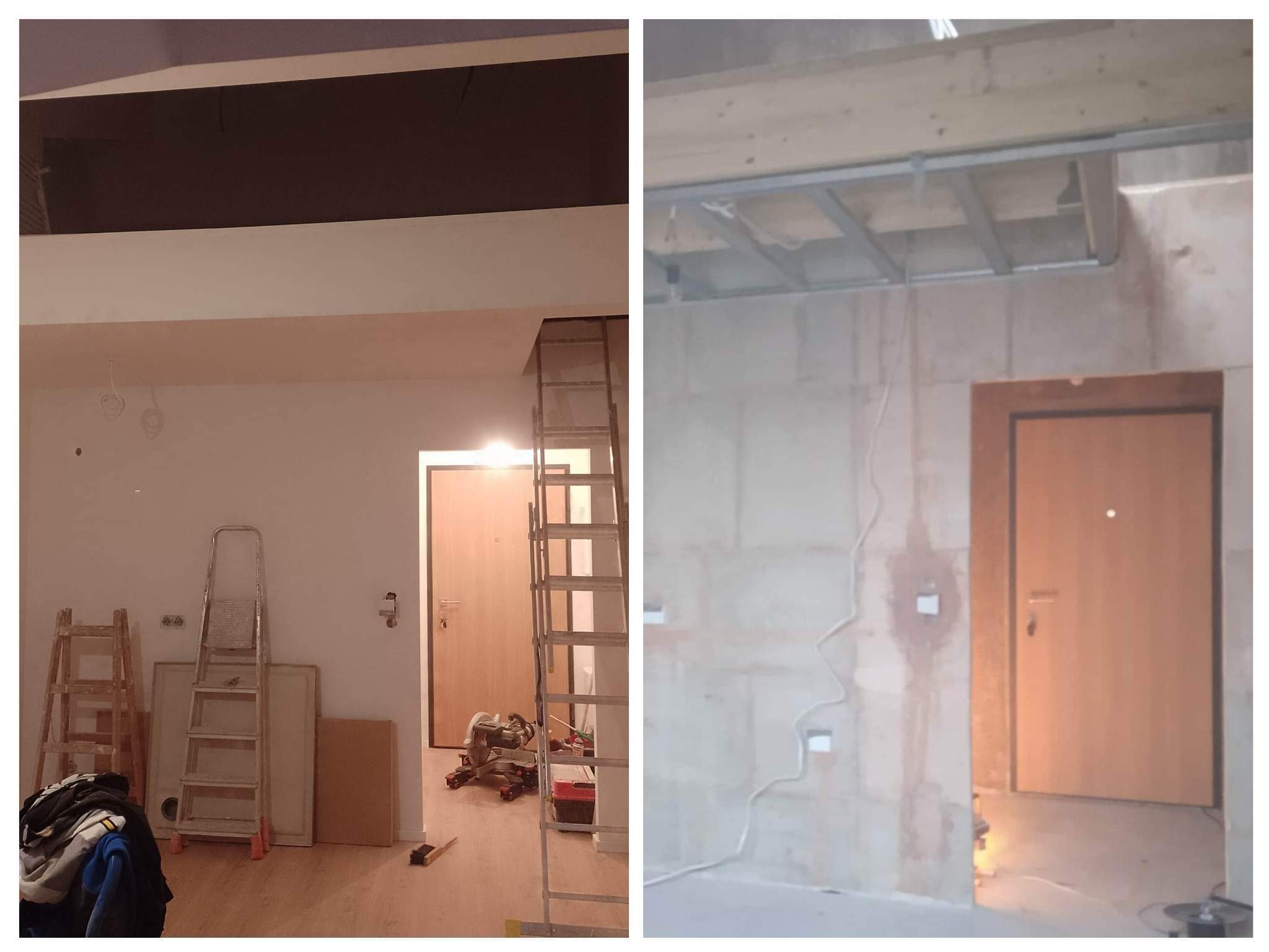 Dwa ujęcia wnętrza w trakcie prac: po lewej pomieszczenie z pomalowanymi ścianami, drewnianą podłogą, drabinami i panelami, po prawej surowa ściana z widoczną instalacją sufitową i elektryczną...