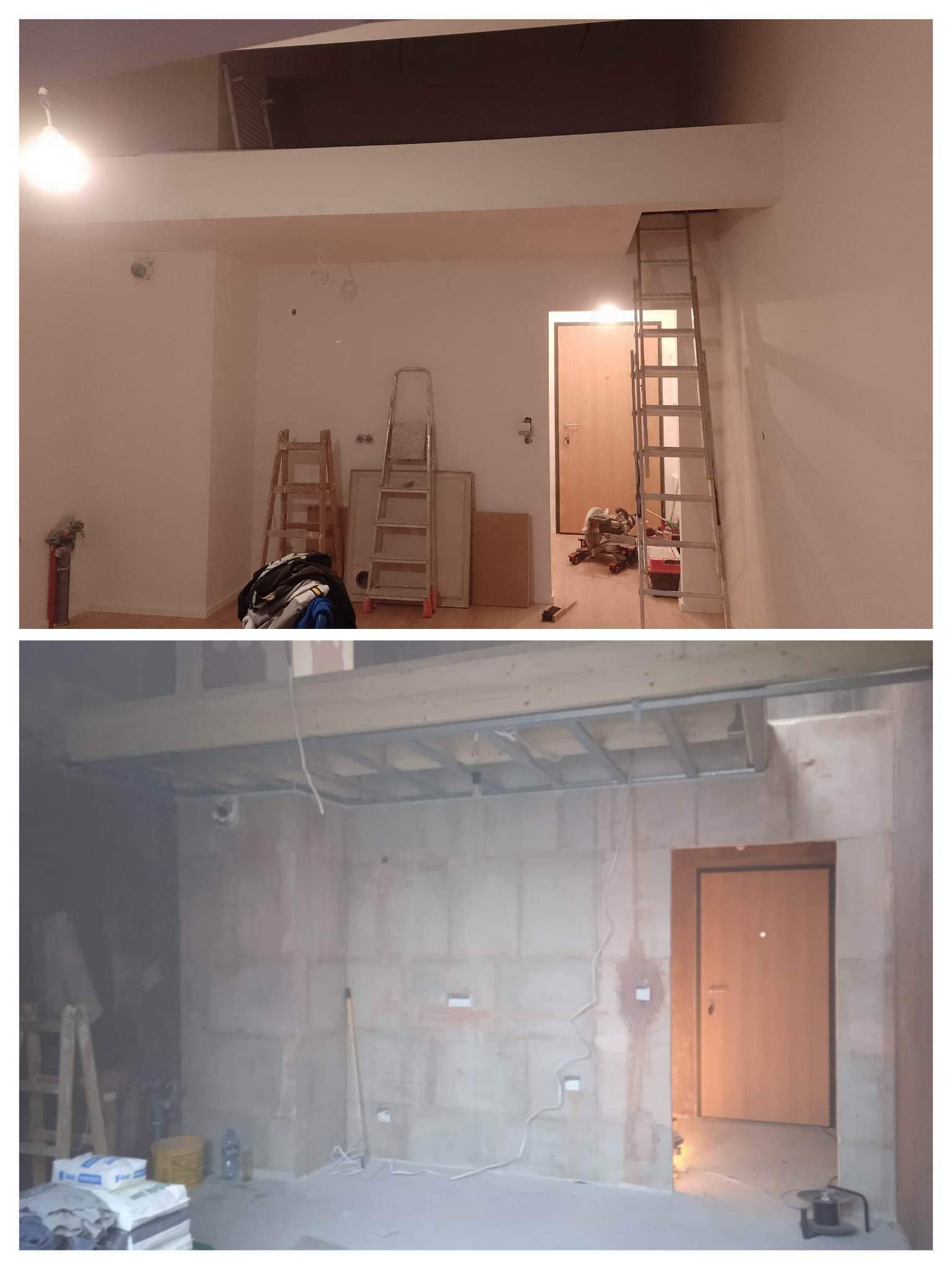 Dwa ujęcia tego samego pomieszczenia w trakcie remontu: jedno po wstępnych pracach przygotowawczych z widocznymi drabinami i narzędziami, drugie w stanie surowym z odsłoniętą konstrukcją sufitu...