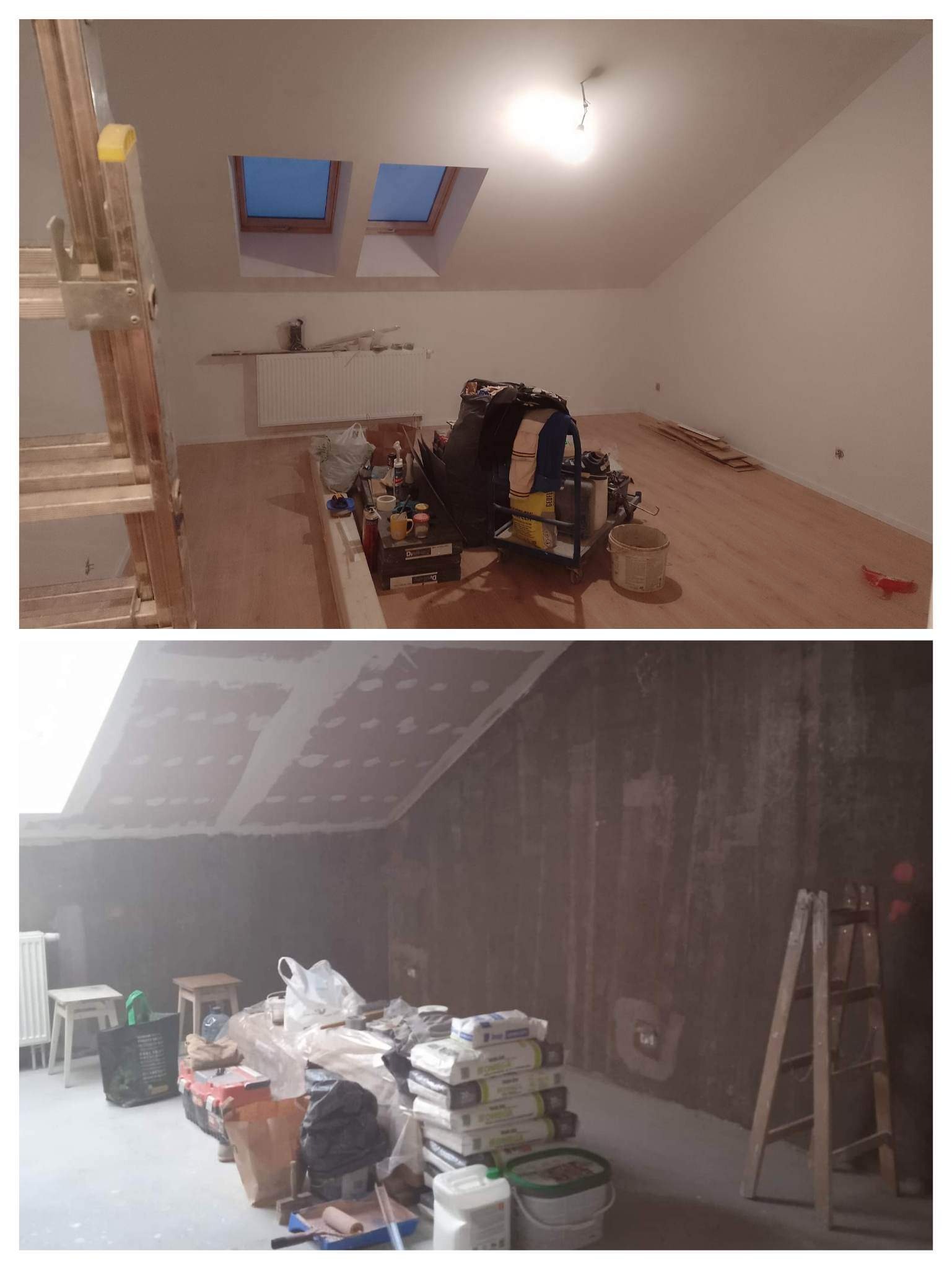 Dwa ujęcia tego samego pokoju na poddaszu: górne - po wstępnych pracach, z drewnianą podłogą, oknami dachowymi i rozstawionymi narzędziami; dolne - przed pracami, z surowymi ścianami i widocznymi...