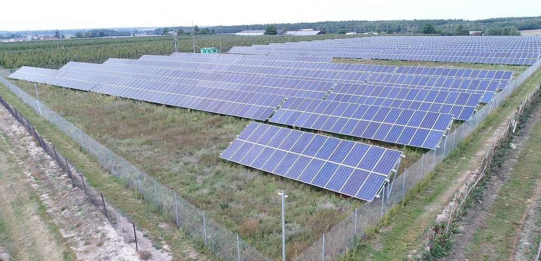 Rozległa farma paneli słonecznych otoczona siatką ogrodzeniową, z zielonymi uprawami w tle i małym budynkiem technicznym pośrodku.