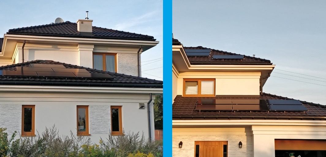 Dwa ujęcia domu jednorodzinnego z panelami słonecznymi na dachu, zróżnicowana kolorystyka dachówki i elewacji, widoczne okna z drewnianą ramą i elementy wykończeniowe.