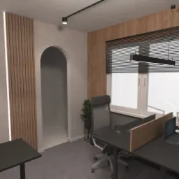 Wizualizacja nowoczesnego biura z dwoma stanowiskami pracy, szarymi biurkami, krzesłami z siatki, oknami z żaluzjami i dekoracyjnymi panelami ściennymi z podświetleniem LED.