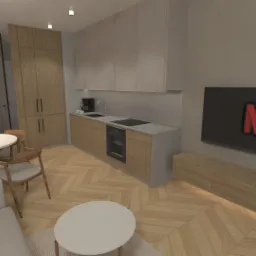 Wizualizacja wnętrza mieszkania z drewnianą podłogą w jodełkę, okrągłym stołem jadalnianym z krzesłami, aneksem kuchennym z drewnianymi frontami i szarym blatem oraz telewizorem z logo Netflix...