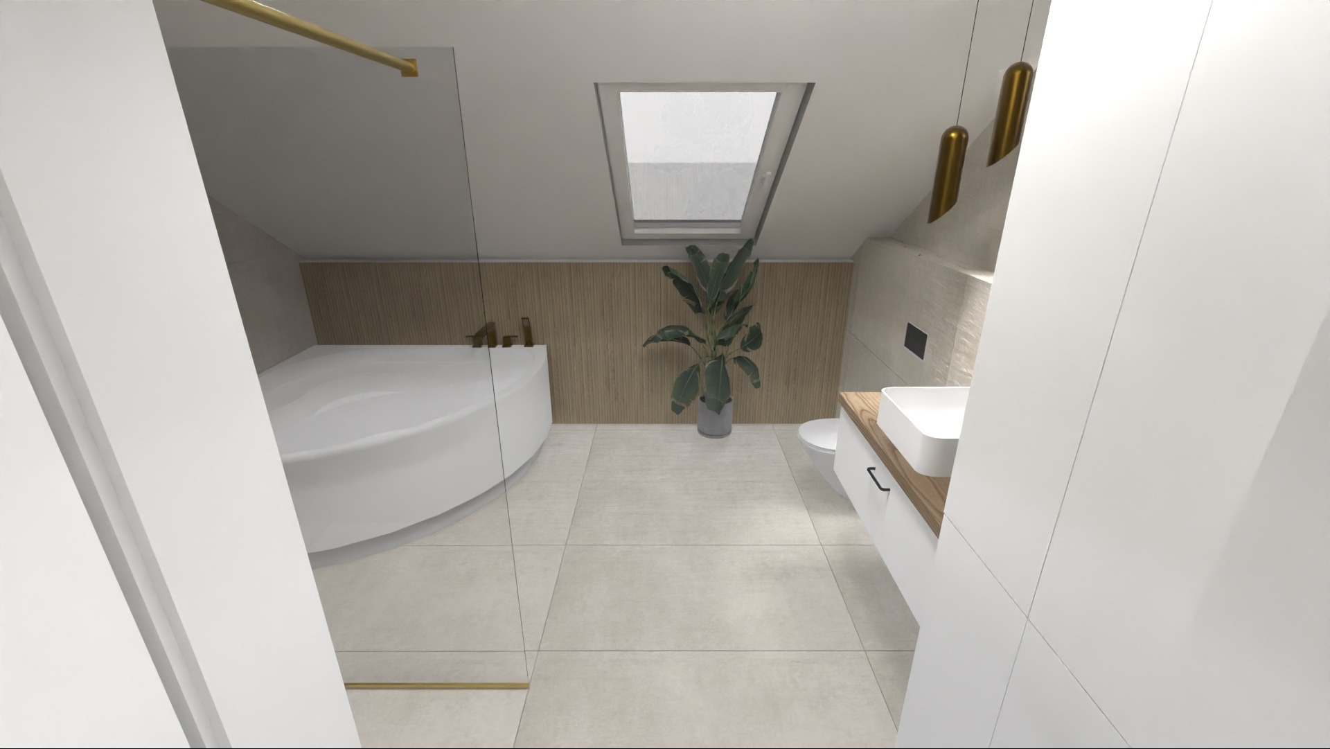 Wizualizacja łazienki na poddaszu z oknem dachowym, okrągłą wanną, umywalką nablatową na drewnianym blacie i wysoką rośliną doniczkową.