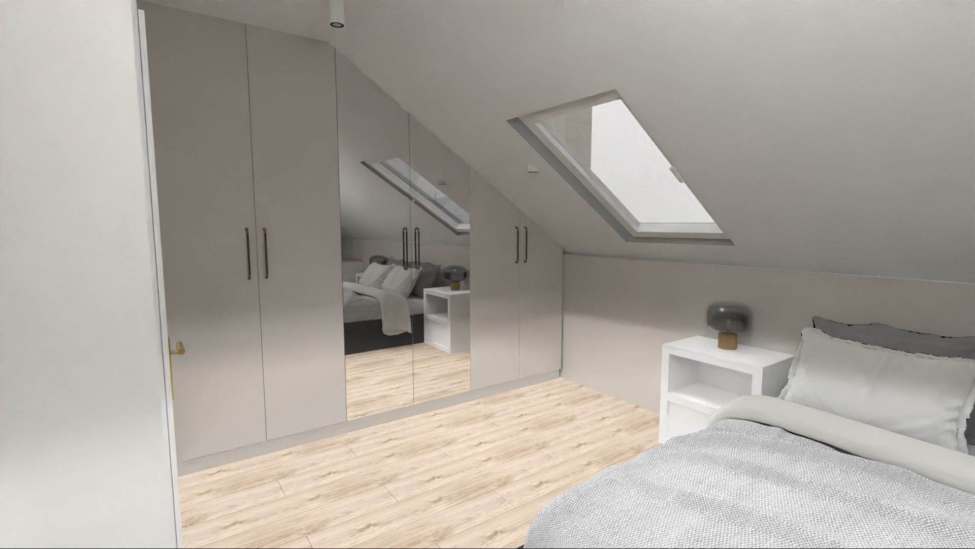 Wizualizacja sypialni na poddaszu ze skośnym oknem dachowym, zabudową szaf z lustrzanymi frontami i drewnianą podłogą.